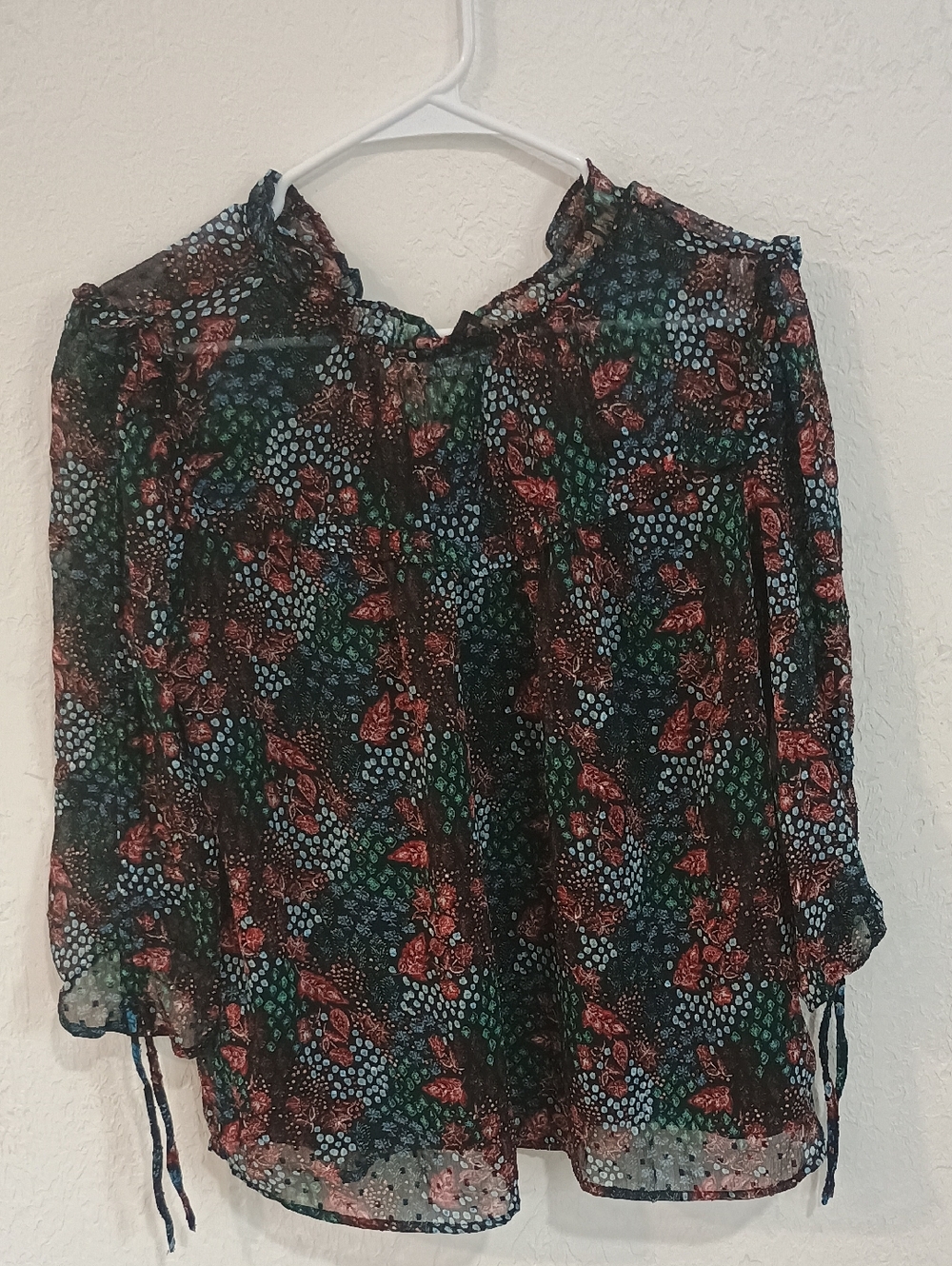LOFT Sheer Black Floral Blouse with Red & Green Accents